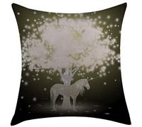 Housse d'oreiller Cheval Licorne Légendaire Magique sous Un Arbre Lumineux avec Motif Flash Humain Doré Et Vert Taie Coussin Luxe Housses De Coussin pour Salon 45X45 Cm