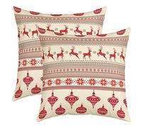 Housse d'oreiller Décorative Joyeux Noël, Lot de 2 Housses de Coussins 45x45 Élan Cerf pour Canapé Maison, Taie d'oreiller Flocon de Neige pour Le Nouvel An, Coussin Décoratifs Lanterne Rouge