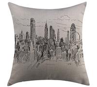 Housse d'oreiller New York Dessiné À La Main Paysage Urbain De NYC Tourisme Voyage Centre Industriel Ville Ville Moderne Design Gris Blanc Taie d'oreiller Luxe Taie Coussin pour Chambre 45X45 Cm