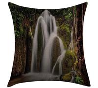 Housse d'oreiller Paysage Maison Cascade Épique Les Falaises Au Cœur des Naturelles Photo Blanc Vert Taie d'oreiller Respirant Taie Coussin pour Maison 45X45 Cm