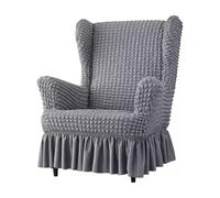 Housse Élastique en Seersucker pour Fauteuil à Ailes - Housse Universelle pour Fauteuil Bubble à Jupe, Dos Haut avec de Repose-Pieds, Anti-Dérapant, Lavable(Dark Gray,Chair+Otto Man)