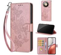 Housse Étui pour Honor Magic 8 Lite / X9D, PU Cuir et TPU Doux Coque Beau Papillon Portefeuille Magnétique Support Dragonne -Or rose
