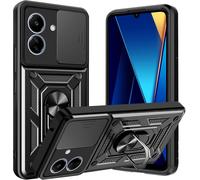Housse Hybride Compatible Xiaomi Poco C65 / Redmi 13c 4g ¿ Dos Pc Rigide + Tpu Bumper Antichoc, Cache Objectif Coulissant, Anneau 360° Rotatif Et Plaque Magnétique, Noir