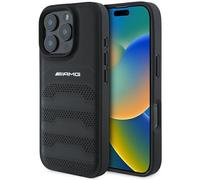 Housse iPhone 16 Pro Max Mercedes AMG Hardcase Cuir Véritable Perforé Noir