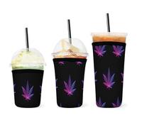 Housse isotherme en néoprène pour tasse à café glacé, facile à nettoyer et durable, motif feuille de cannabis violette trippante noire, pour boissons froides