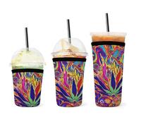 Housse isotherme en néoprène pour tasse à café glacé, facile à nettoyer et durable, motif tête de mort colorée, feuille de cannabis, art trippant, pour boissons froides