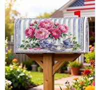 Housse magnétique de boîte aux lettres pivoines rustiques vintage bleues et blanches, feuilles vertes de Chine, couverture d'été pour décoration de jardin, cour, 45,7 x 53,3 cm