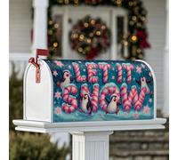 Housse magnétique pour boîte aux lettres de Noël, motif pingouins, sucre d'orge, flocons de neige, décoration de maison, jardin, 53,3 x 64,9 cm, bleu