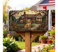 Housse magnétique pour boîte aux lettres Golden Retriever Cottage Welcome | Art vitrail pour boîte aux lettres, maison de chalet, thème amoureux des chiens, fleurs de jardin, citation accueillante