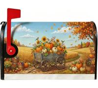 Housse magnétique pour boîte aux lettres Motif citrouilles 53,3 x 63,5 cm | Thème de la récolte, couvercle de boîte aux lettres, chariot en bois rustique, tournesols, paysage de champ
