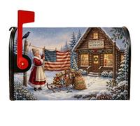 Housse magnétique pour boîte aux lettres Motif Mrs Claus North Pole | Drapeau de l'Amérique, couverture de boîte aux lettres, atelier du pôle Nord, paysage d'hiver, cabane enneigée