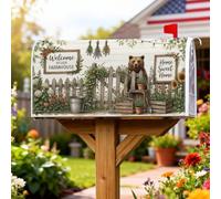 Housse magnétique pour boîte aux lettres Motif ours de ferme 53,3 x 63,5 cm | Clôture de jardin rustique, couverture de poteau de boîte aux lettres, tournesols, roses en pot, panneaux de ferme