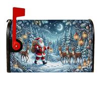 Housse magnétique pour boîte aux lettres motif Père Noël et renne, forêt | Forêt enneigée, couvercle de boîte aux lettres, renne, lanternes lumineuses, paysage d'hiver, horizon nocturne
