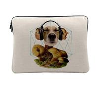 Housse Ordinateur et Tablette Aspect Lin - Chien Casque Audio Collage Art Surréalisme Vintage Champignon - 14-15 Pouces Pochette de Protection PC Portable Imprimé en France