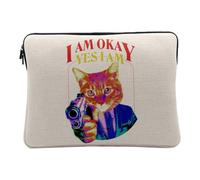Housse Ordinateur et Tablette Aspect Lin - I am Okay Yes I Am Chat Pistolet Collage Vintage Illustration Art Humour Parodie Animal - 10 Pouces Pochette de Protection PC Portable Imprimé en France