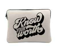 Housse Ordinateur et Tablette Aspect Lin - Know Your Worth Typographie Message Bien Etre Self Care Amour Santé - 10 Pouces Pochette de Protection PC Portable Imprimé en France