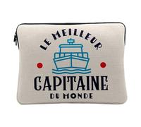 Housse Ordinateur et Tablette Aspect Lin - Le Meilleur Capitaine du Monde Navire Bateau Navigation Océan - 14-15 Pouces Pochette de Protection PC Portable Imprimé en France