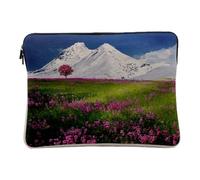Housse Ordinateur et Tablette Aspect Lin - Paysage Magnifique Pré Fleuri au Pied des Montagnes Enneigées Neige Éternelle Pintemps Fleurs et Arbres Mauve - 10 Pouces Pochette de Protection PC Portable