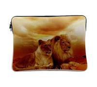 Housse Ordinateur et Tablette Aspect Lin - Soleil Levant sur Un Couple de Lions Vie Sauvage - 14-15 Pouces Pochette de Protection PC Portable Imprimé en France
