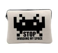 Housse Ordinateur et Tablette Aspect Lin - Stop Invading My Space Parodie Jeux Video Retro Gaming Arcade - 10 Pouces Pochette de Protection PC Portable Imprimé en France