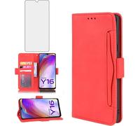 Housse Portefeuille Cuir Pu Rouge Compatible Vivo Y16 4g / Y02s 4g / Iqoo Z7i / Y35m / T2x ¿ Film Verre Trempé Inclus, 3 Fentes Cartes, Compartiment Billets Et Support Pliable