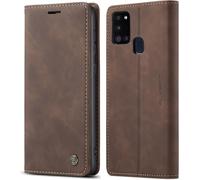 Housse Portefeuille En Cuir Marron Compatible Samsung Galaxy A21s - Porte-Cartes Rfid, Aimantée, Support Kickstand, Antichoc + 2 Verres Trempés 3d