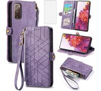 Housse Portefeuille Universelle Pour Samsung Galaxy S20 Fe 4g/5g/Uw Avec Écran En Verre Trempé Intégré, 3 Emplacements Cartes, Fermeture Éclair Et Béquille Multifonction - Violet