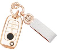 Housse Pour Clés De Voiture Compatible Avec Fiat Tipo Toro Nuovo Freedom 500x Doblo Argo Grazie 4 Boutons Avec Lanière Pour Porte-Clés Housse De Complète En Tpu Souple Blanc Avec Or (C-Fia-4)