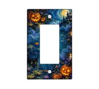 Housse pour interrupteur simple citrouilles de nuit effrayantes et lanterne | Imagerie de chat, inspiration nuit étoilée, style d'art impressionniste, décoration d'intérieur, palette de couleurs