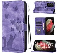 Housse Protection Pour Samsung Galaxy S21 Ultra 5g 6.8 Pouces Matériau En Cuir Pu Coque Samsung S21 Ultra Avec Fentes Pour Cartes Étui Motif Papillon Chat Coque S21 Ultra Violet