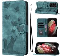 Housse Protection Pour Samsung Galaxy S21 Ultra 5g 6.8 Pouces Matériau En Cuir Pu Coque Samsung S21 Ultra Avec Fentes Pour Cartes Étui Motif Papillon Chat Coque S21 Ultra Vert