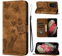Housse Protection Pour Samsung Galaxy S21 Ultra 5g 6.8 Pouces Matériau En Cuir Pu Coque Samsung S21 Ultra Avec Fentes Pour Cartes Étui Motif Papillon Chat Coque S21 Ultra Brun
