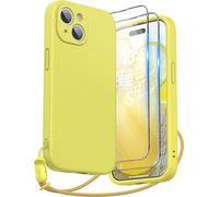 Housse Silicone Liquide Pour Iphone 15 (6,1"") - Pack 2 Verres Trempés + Dragonne, Protection Antichoc Jaune Canari