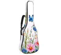 Housse souple pour guitare acoustique avec 2 poches et boucle de suspension arrière pour basse électrique de 101,6 cm, 104,7 cm, 106,7 cm, aquarelle, bleu, rose, fleurs sauvages et papillons prairie