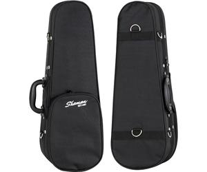 Housse Souple Shaman pour Ukulélé Soprano, légère, 58,5x18x7,5 cm, mousse dure moulée, compartiment intérieur, poche extérieure, sangle d'épaule amovible, couleur noire.