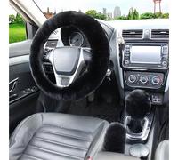 Housse Voiture Fourrure Couvre-Volant Frein À Main Chaud d'hiver Ensemble Trois Pièces 38cm Housse Protection Volant Voiture(Le Noir)