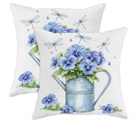 Housses Coussin Arrosoir À Fleurs Bleues Et Pensées Nature Lot De 2 Imprimé Décoratif Taie d'oreiller pour Jardin Chaise Été