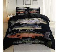 Housses de Couette 140 x 200 cm Double Face Été avec 2 Taie d'oreillerDoux Respirant Microfibre Brossée Parure de Lit Poissons Peints à la Main sur Le Littoral Adultes et Enfants Gris argenté Marron