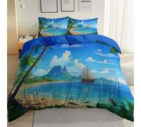 Housses de Couette 140 x 200 cm Parure De Lit Voilier de l'île Fresh Housse de Couette en Microfibre et Taies d'oreiller, Ensemble de Literie pour Adulte Enfant Bleu Blanc Vert et Marron