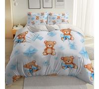 Housses de Couette 240 x 260 cm Double Face Été avec 2 Taie d'oreillerDoux Respirant Microfibre Brossée Parure de Lit Coffret Cadeau Ours en Peluche Mignon Adultes et Enfants Marron Chaud Bleu Clair