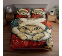 Housses de couette 3D avec chat curieux en costume de Père Noël regardant depuis une chaussette de Noël, microfibre douce et respirante, inclut 1 housse de couette 2 taies d'oreiller, Cadeaux de