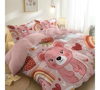 Housses de Couette Dessin Animé Ours Arc en Ciel Fraise Impression, Rose Réversible Microfibre Respirant Parure de Lit avec Fermeture Éclair aux Chambres de Filles et Garçons Décor - 140 x 200 cm