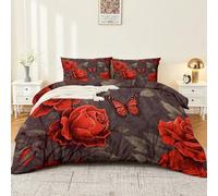 Housses de Couette Parure de Lit Roses Gothiques et Papillons Housse de Couette Réversible 140 x 200 cm + 2 Taies d'oreiller 65x65 cm, Polycoton Rouge Gris Foncé