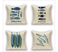 Housses de Coussin 40x40cm Poisson de l'océan Taie d'oreiller Décoratives Lot de 4 en Coton et Lin Carré Housse De Coussin pour Chambre de Salon Lit Voiture De La Maison Canapé Home Decor 16x16in