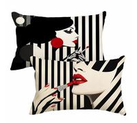 Housses de Coussin 40x60 cm Lot de 2 Housses Coussin Noir Blanc Protege Oreiller Lin Double Face Impression Petit Cushion Covers pour Décoration Automne Canapé Lit Salon Chambre Balcon, Rayé 2m-24