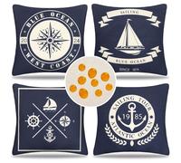 Housses de Coussin 45 x 45 cm Imperméables Extérieure Décoratif Lot de 4 Taie d'oreiller Nautique Housse de Coussin Lin Carré Jardin Salon Canapé Maison Chambre, Bleu Marine(Voile Boussole Ancre)