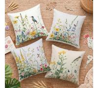 Housses de Coussin 50x50cm 4 Pièces Double Face Fleurs Sauvages Oiseau Velours Coussin Decoratif, Housse Coussin Exterieur Imperméable pour Canapé Salon de Jardin Chambre Fauteuil & Maison C-O453