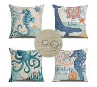 Housses de Coussin 60x60cm Lot de 4 Coussin Exterieur Impermeable Vintage Double Face Lin Taie Oreiller Housse Coussin Vie Marine Coussin Canape pour Jardin Canapé Decoration Chambre Coussins S-8472