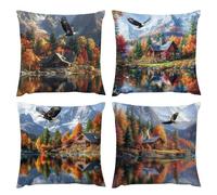 Housses de Coussin 60x60cm Lot de 4, Paysage de montagne Eagle Motif Ferme Carré Canapé Décoratif Housses Coussin Lin Coussins Décoratives Face d'extérieur Jardin Chambre Taie d'oreiller L-542