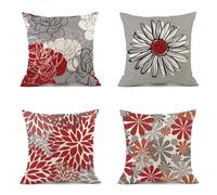 Housses de Coussin 75x75 cm Lot de 4 Housse Coussin rouge Housse Coussin Canapé fleurs Coussin Extérieur Lin Coussin Canapé Carré Decoratif pour Chambre Canapé Chaise Lit Jardin Extérieur Décoration